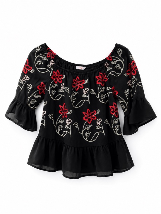 Candie's Tops - Candie's Black Off-Shoulder Peplum Blouse with Red and Cream Floral Embroidery